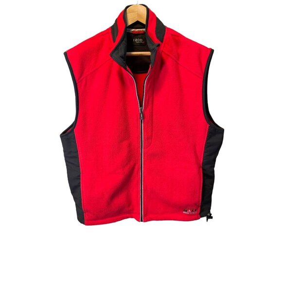 Izod Performance Red Fleece Black Panel Full Zip Sleeveless Vest Sz L - Picture 1 of 6